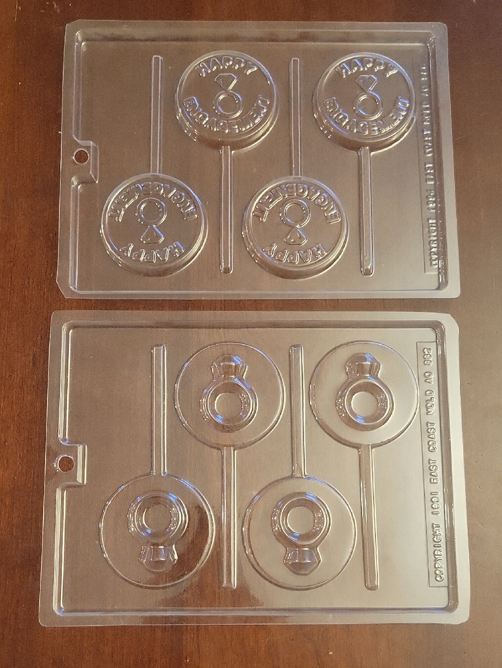 Lot of 2 Engagement Plastic Candy Molds - Happy Engagement Cross Lollipop & Ring